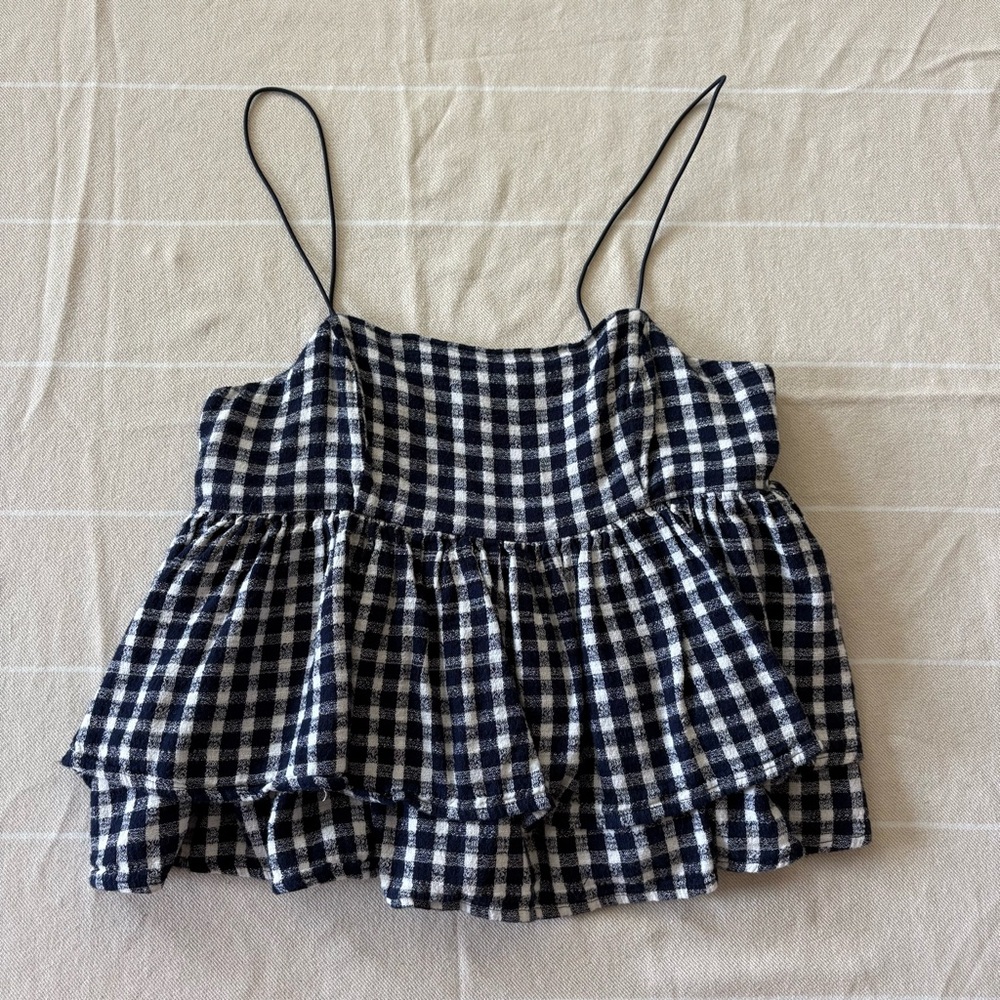 Urban Outfitters Navy and White Gingham Ruffle Tank Top